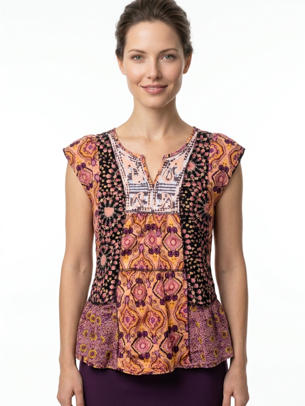 Unity‎ World Wear Boho Mixed Print Embroidered Peplum Top Orange Purple Large